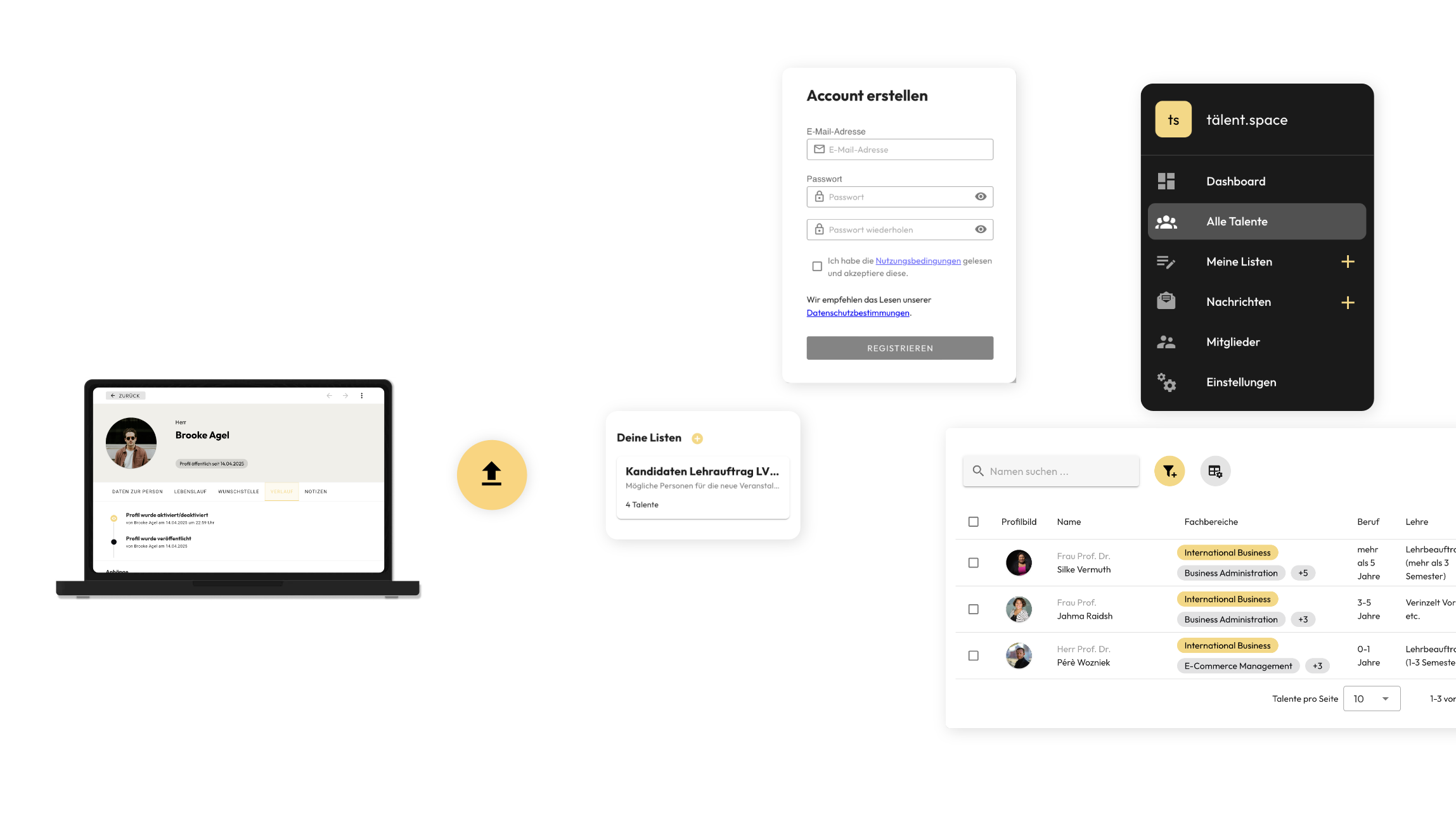 Screenshots, die Inhalte der Tälentspace App zeigen, wie: Dashboard, Anmeldung und eine Liste der zur Bewerbung stehenden Talente